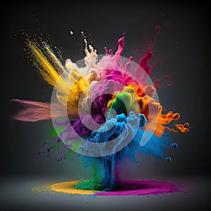 Colorful rainbow holi paint splash, explosion of colored powder on black background.