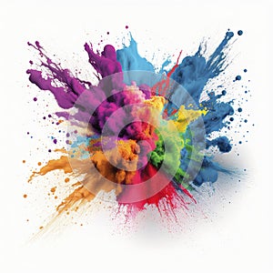 Colorful rainbow holi paint splash, explosion of colored powder on white background.