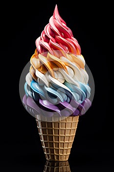 Colorful rainbow ice cream cone isolated on black