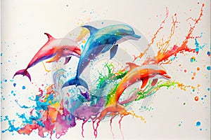 Colorful rainbow jumping dolphin dolphins watercolor painting