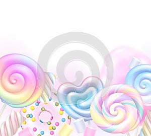 Colorful rainbow lollipops, cotton candy and donut background. Sweets poster design.