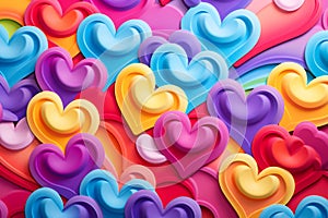 Colorful rainbow love heart pattern illustration. Diverse hearts background print. Valentine's day holiday backdrop