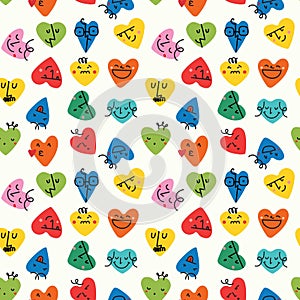 Colorful rainbow love heart seamless pattern illustration with funny smiling face. Diverse hearts background print