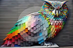 Colorful rainbow owl made of wooden blocks on the facade of a building
