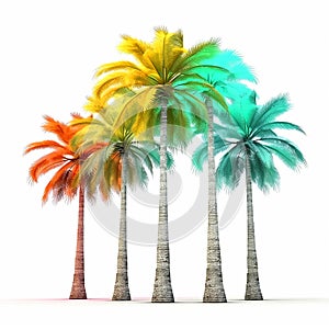 Colorful rainbow palm trees on white background, bright tropical exotic