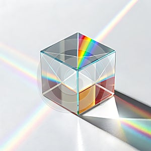 Colorful Rainbow Prism Cube Refraction Light Effect on White Background