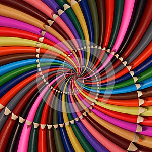 Colorful rainbow sharpen pencils spiral background pattern fractal. Pencils background pattern. School pencils rainbow spiral frac