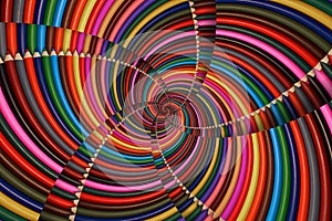 Colorful rainbow sharpen pencils spiral background pattern fractal. Pencils background pattern. School pencils rainbow spiral frac photo