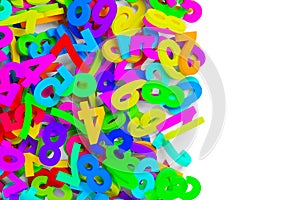 Colorful rainbow spectrum colored random digit numbers heap background vertical border top view from above, algebra, education or