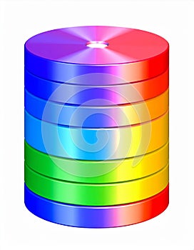 Colorful Rainbow Stack of Shiny Discs on White Background