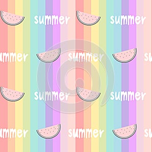 Colorful rainbow striped seamless pattern background illustration with watermelons slice and hand drawn lettering word summ