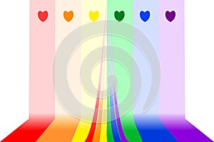 Colorful rainbow stripes background with hearts on top, center copy space. Vector illustration.