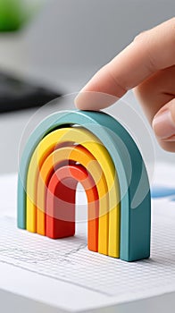 Colorful Rainbow Toy Stacking on Table with Graph Paper Background