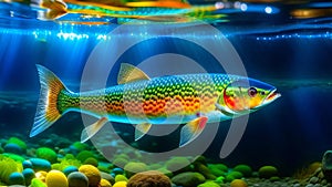 Colorful rainbow trout fish swimming in an aquarium. Aquarium.