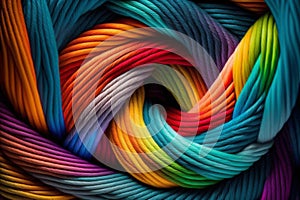Colorful rainbow twisted yarn abstract background, colorful rainbow yarn for knitting and crochet, twisted threads, generated ai