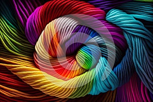 Colorful rainbow twisted yarn background, colorful rainbow yarn for knitting and crochet, many twisted threads, generated ai