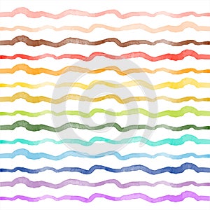 Colorful, rainbow vector watercolor wavy stripes, lines, waves set, aquarelle undulating streaks, uneven brush strokes.