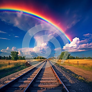 A colorful rainbow visible across the beautiful sky above train\'s track generative AI