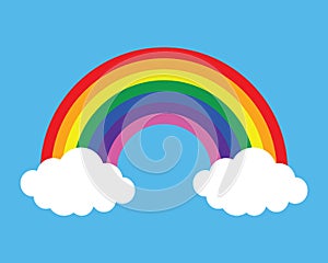 Colorful Rainbow with white clouds and blue sky Vector Illustration. Colorful Rainbow icon. Rainbow arc shape, half circle, cloud.