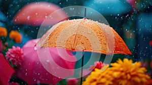 Colorful raindrops, umbrellas, and radiant hues create a cheerful spring display