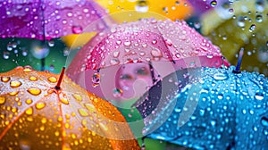 Colorful raindrops, umbrellas, and radiant hues create a cheerful spring display