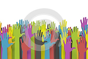 Colorful raised hands with clipping path