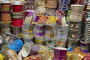 Colorful Rajasthani bangles, being sold at famous Sardar Market and Ghanta ghar Clock tower in Jodhpur, Rajasthan, India