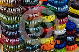 Colorful Rajasthani bangles, being sold at famous Sardar Market and Ghanta ghar Clock tower in Jodhpur, Rajasthan, India