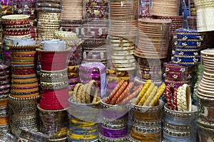 Colorful Rajasthani bangles being sold, at famous Sardar Market and Ghanta ghar Clock tower in Jodhpur, Rajasthan, India
