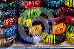 Colorful Rajasthani bangles, being sold at famous Sardar Market and Ghanta ghar Clock tower in Jodhpur, Rajasthan, India