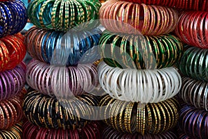 Colorful Rajasthani bangles, being sold at famous Sardar Market and Ghanta ghar Clock tower in Jodhpur, Rajasthan, India