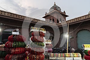 Colorful Rajasthani bangles being sold at famous Sardar Market and Ghanta ghar Clock tower in Jodhpur, Rajasthan, India