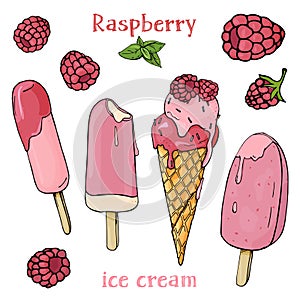 Colorful raspberries and ice cream. Ice cream melts in the summer heat.