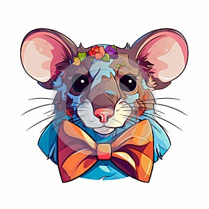 Colorful Rat Portrait With Bow Tie Sticker In Algorithmic Art Style photo