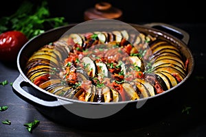 Colorful ratatouille in cast iron skillet