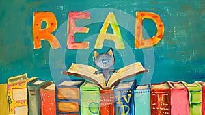 Colorful READ poster with a cute mouse and books