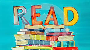 Colorful READ poster with a stack of books