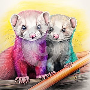 Colorful Realism Illustration Of Ferrets Sitting On Sticks