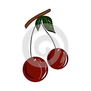 Colorful realistic cherry icon. Idea for decors, damask, spring holidays, nature themes. Isolated vector logo.