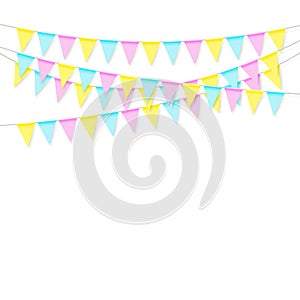 Colorful realistic soft colorful flag garland with shadow. Celebrate banner, party flags. Vector