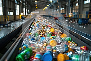 Colorful Recyclable Bottles and Containers on Conveyor Belt in Recycling Facility for Sorting