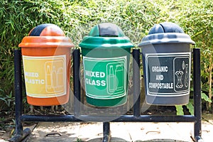 Colorful Recycle Bins In The Park, multicoloured garbage trash bins Environment