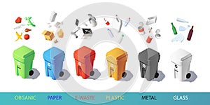 Colorful recycle trash bins with garbage icons, isometric vector set. Waste management concept. Sorting waste for recycling