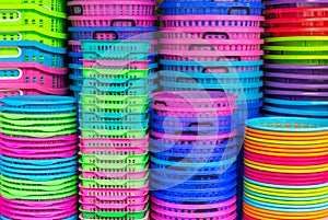 Colorful recycled plastic buckets.