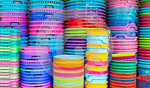 Colorful recycled plastic buckets.
