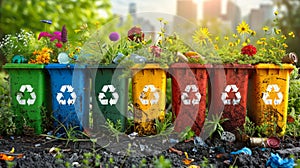 A colorful recycling bin and ecology concept framed by a landscape.