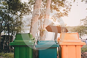 Colorful of Recycling bin in park for protect environment. Volunteer concept