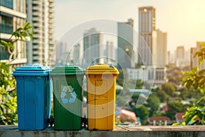 Colorful recycling bins against a cityscape background.