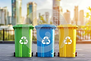 Colorful recycling bins against a cityscape background.