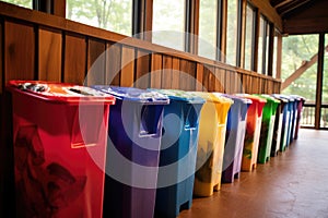 colorful recycling bins lined up for sorting